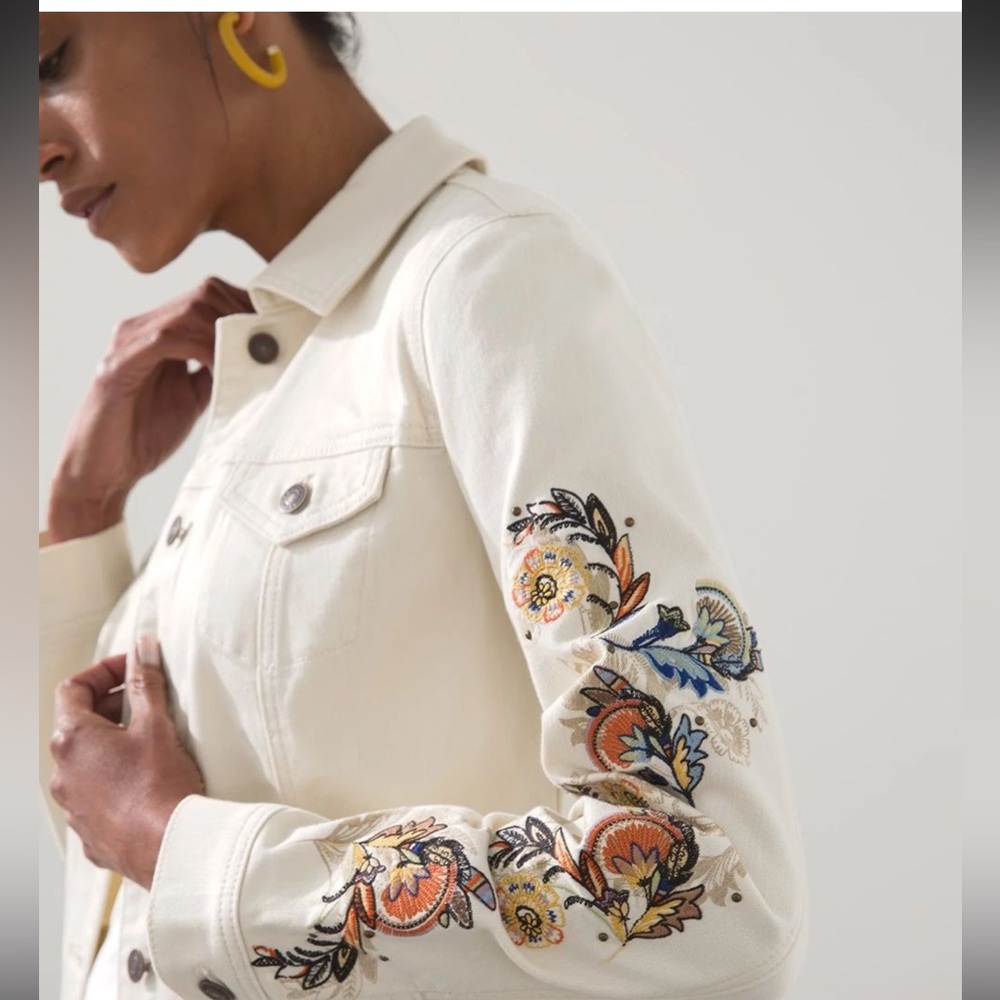 Chico Women's Classic Embroidered Sleeves Denim Jacket Natural Cream